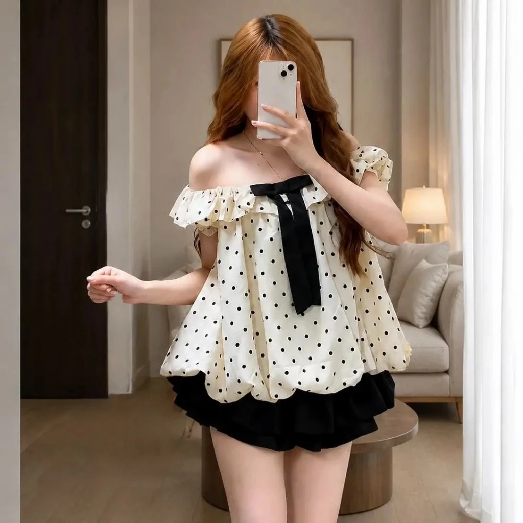Áo Babydoll Chấm Bi Nơ Đen Cổ Bèo Nhún Tiểu Thư, Áo Kiểu Nữ Tay Bồng Form Rộng Vintage Hàn Quốc Dễ Thương