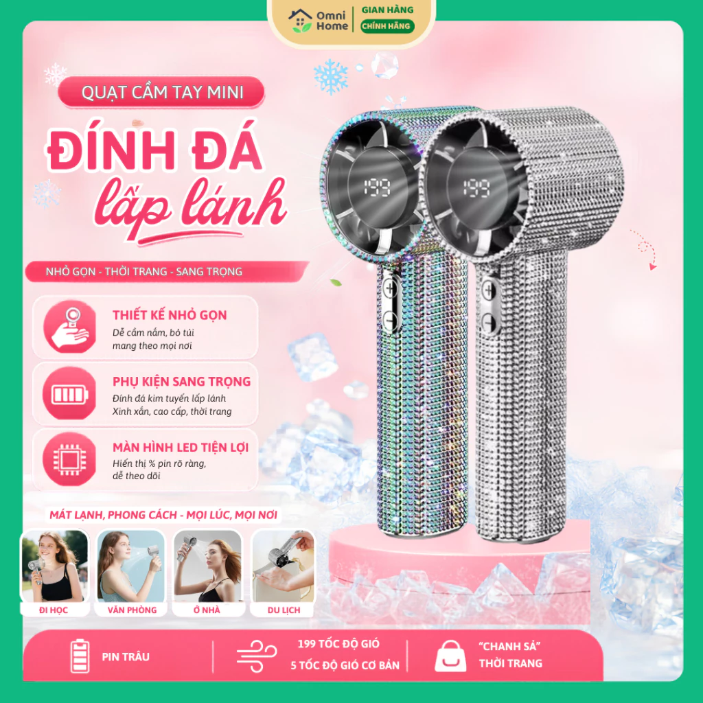 Quạt Cầm Tay Mini Sạc Điện S5 Đính Đá Lấp Lánh Cao Cấp, 199 Mức Gió, Pin Trâu tới 6H, Có Dây Đeo