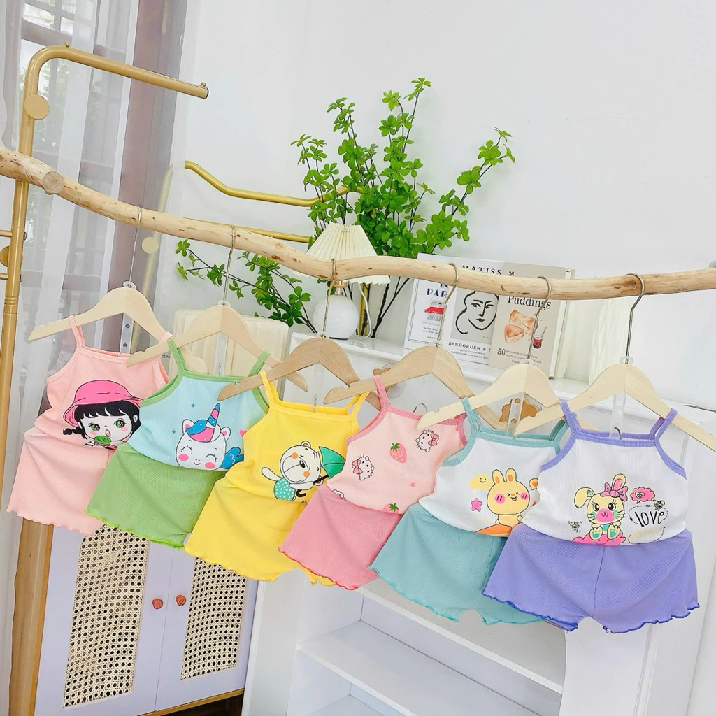{Combo 5 tặng 1} bộ hai dây tăm lạnh chạy viền bèo cho bé gái, mềm mịn thoáng mát thấm hút mồ hôi