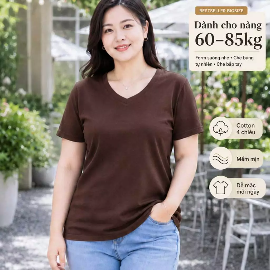 Áo thun nữ BIGSIZE cổ tim TOLI BSA40, Cotton 4 chiều co giãn, Form suông dễ mặc từ 59–85kg
