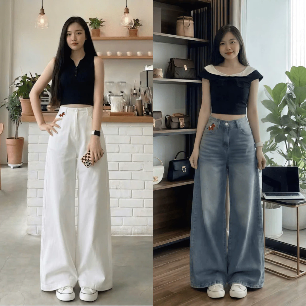 Quần jean bò trắng ống rộng suông xuông nữ thêu ngựa jeans cạp cao phong cách style ms18