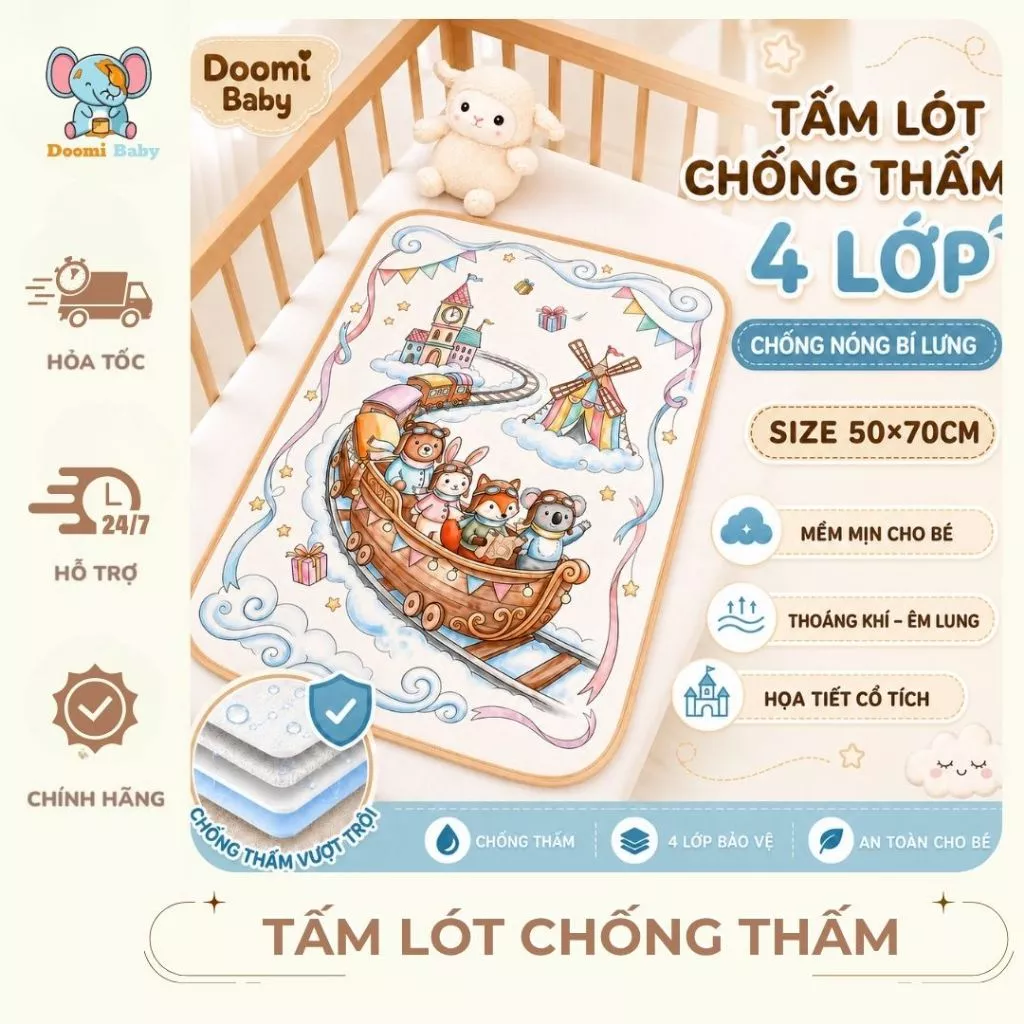 Tấm Lót Chống Thấm 4 Lớp Chống Nóng Bí Lưng 50*70cm Họa Tiết Cổ Tích cho bé Doomi Baby - HT843