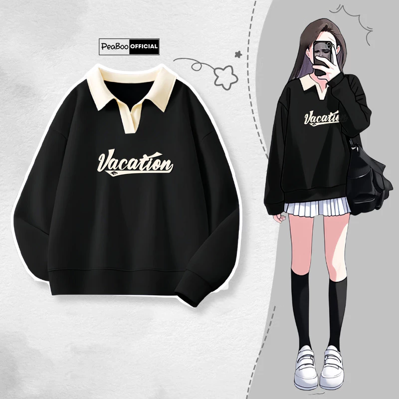 Áo Sweater Cổ V Nỉ 2 Da By PEABOO BST26 Vacation Dáng Unisex Form Rộng Cho Nam Nữ