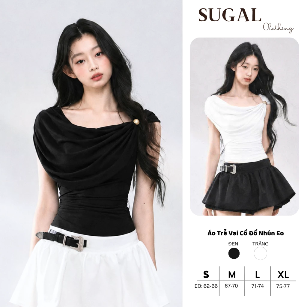 SUGAL - Set Áo Nữ Kiểu Trễ Vai Cổ Đổ Nhún Eo - Phối Chân Váy Ngắn Có Quần Trong | TOP NU 299V1