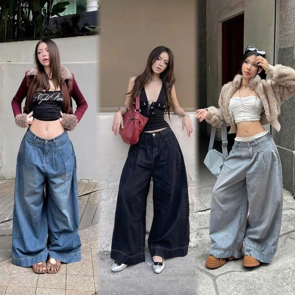 THE QUẠO - Quần Jeans Nữ Lưng Cao Ống Rộng To 38CM Xếp Ly 2 màu Bụi S1010_716
