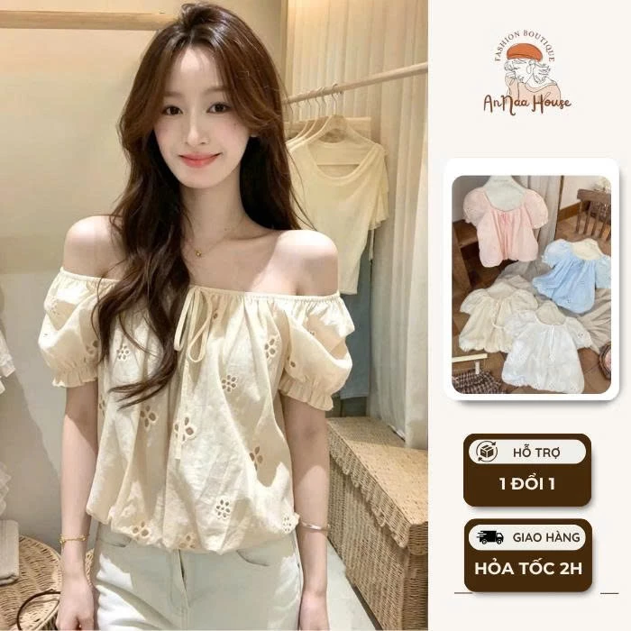 Áo trễ vai tay phồng ANNA HOUSE áo trễ vai tiểu thư nhẹ nhàng nàng thơ áo voan bèo tiểu thư