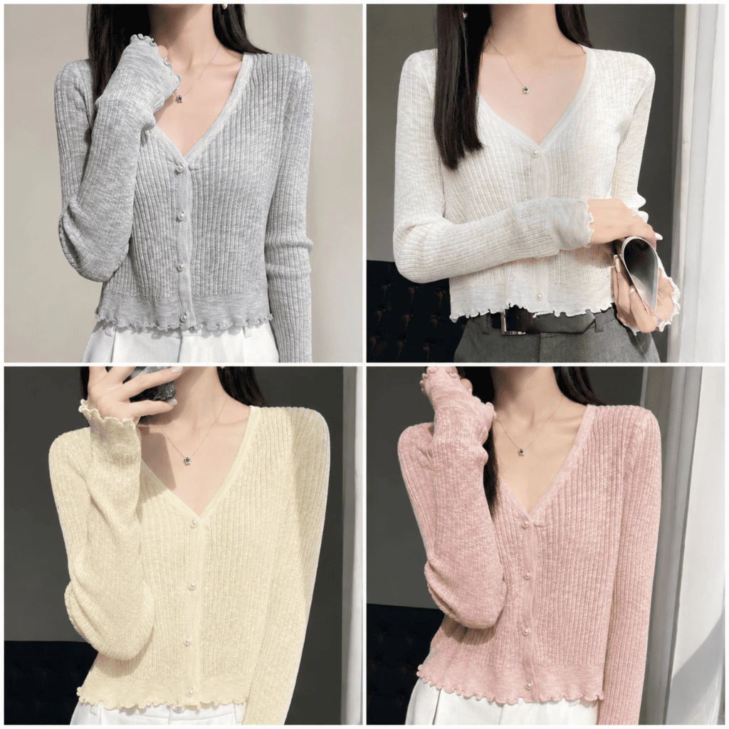 Áo khoác cardigan mỏng nhiều màu sắc phối cúc ngọc viền bèo sóng, áo khoác ngoài len mỏng đi biển co giãn tốt mềm mại