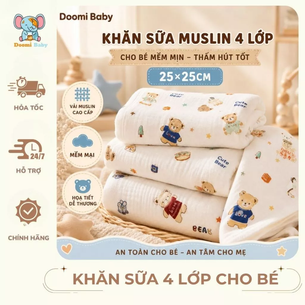 [4 LỚP] Khăn Sữa Cho Bé Vải Muslin Kích Thước 25x25cm 4 Lớp Cao Cấp Chính Hãng - HT858