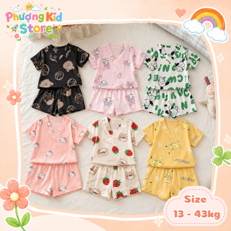 [A14] Set bộ cotton bé gái cổ tim họa tiết cute, đồ bộ mặc nhà đi học đi chơi dạo phố mùa hè cho bé 13 - 43kg