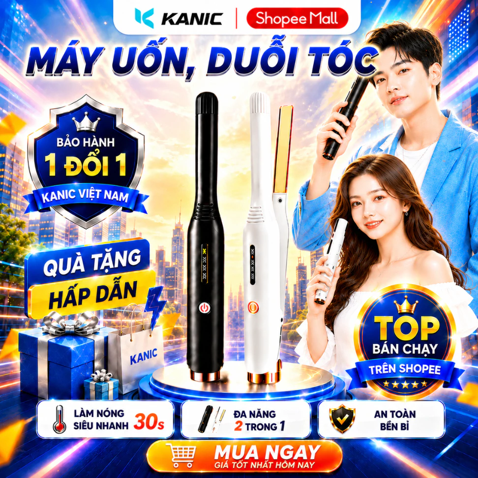 Máy uốn ép tóc nam nữ tạo kiểu KANIC 2 in1 máy duỗi tóc mini ép side đa năng ion âm bảo vệ tóc