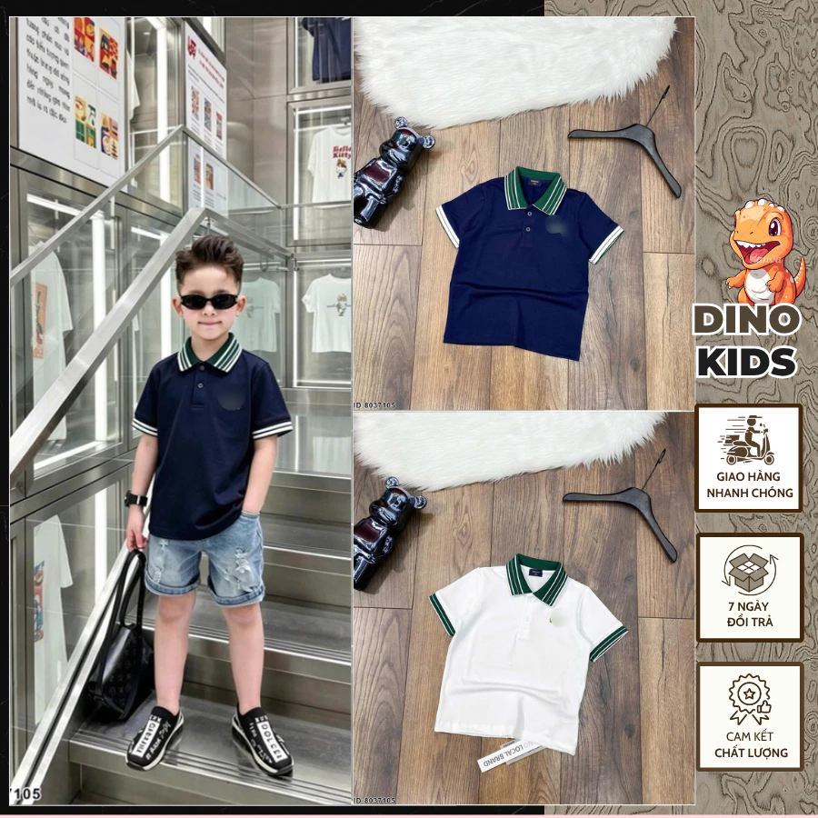 Áo Polo Thể Thao Bé Trai Phối Cổ Xanh Lá Cực Chất_ Áo Polo Cho Bé Thêu Hình Ngực Áo Mới Nhất