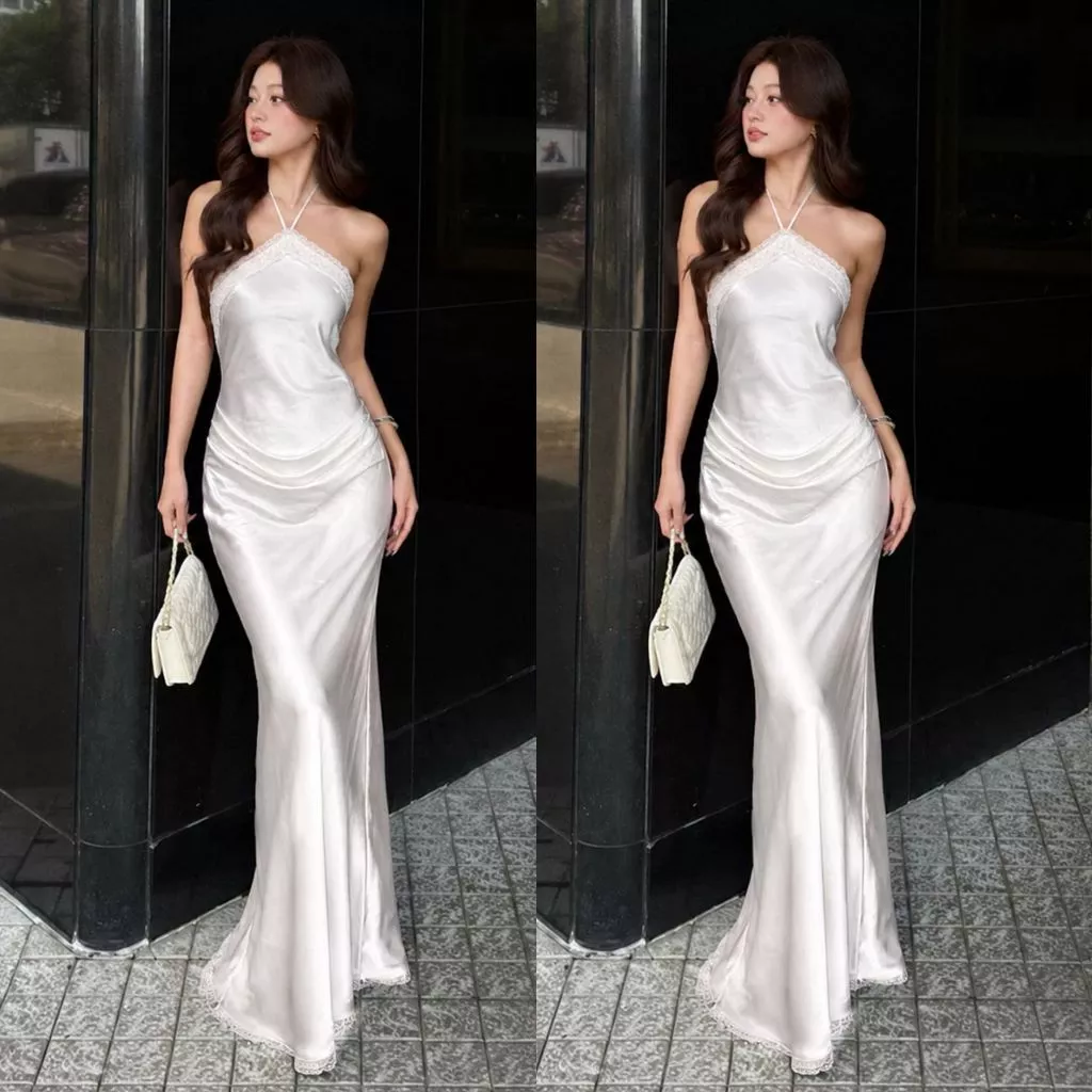 Đầm Lụa Dạ Hội Nữ Cổ Yếm Phối Viền Ren Sang Trọng NV852 Váy Lụa Dự Tiệc Xếp Ly Thanh Lịch Tôn Dáng