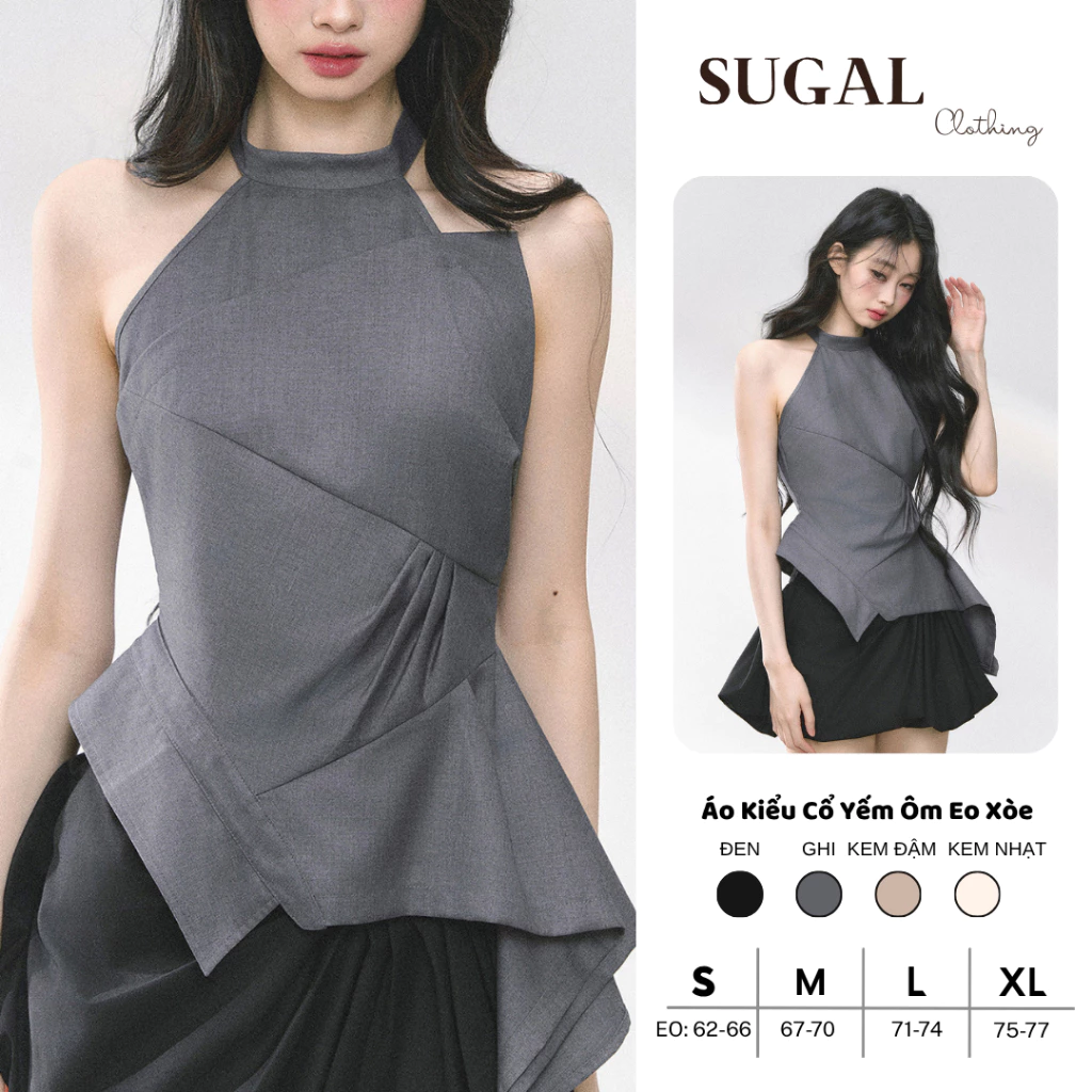 SUGAL - Áo Kiểu Cổ Yếm Ôm Eo Dáng Xòe Tôn Dáng - Áo Thiết Kế Xếp Ly Cách Điệu Thanh Lịch | TOP NU 305