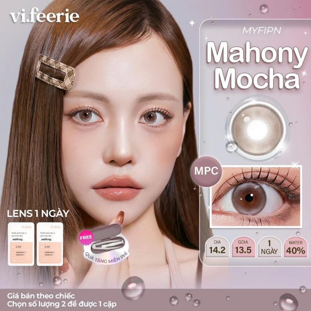 (MYFIPN) Kính áp tròng (lens) nâu ánh xám trong trẻo highlight đối xứng 1 ngày MAHONY MOCHA - Vi Feerie Lens