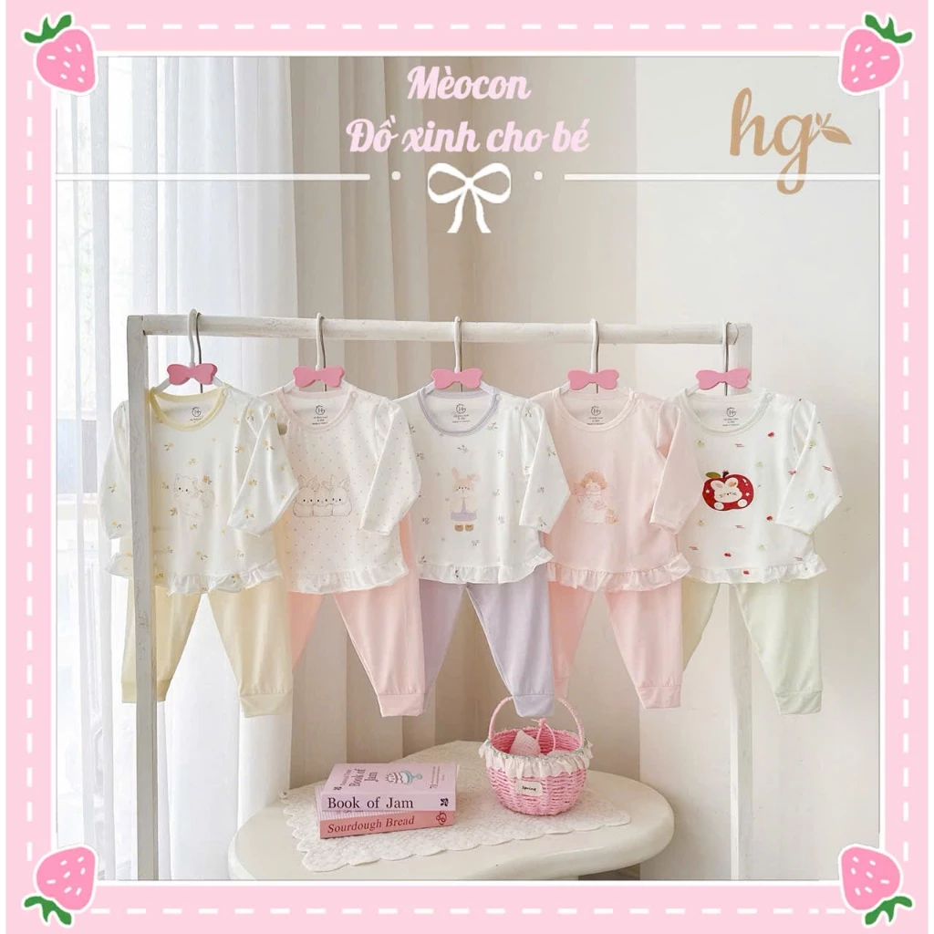 Bộ quần áo dài tay cài vai viền bèo cho bé gái 6-16kg vải Petit mềm mịn thoáng mát, bộ điều hoà