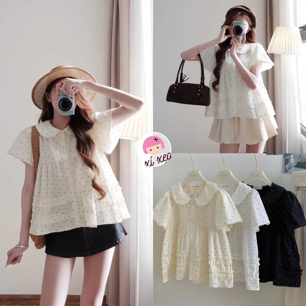 Áo babydoll chấm bi cổ sen phối bèo XIXEOSHOP - A230