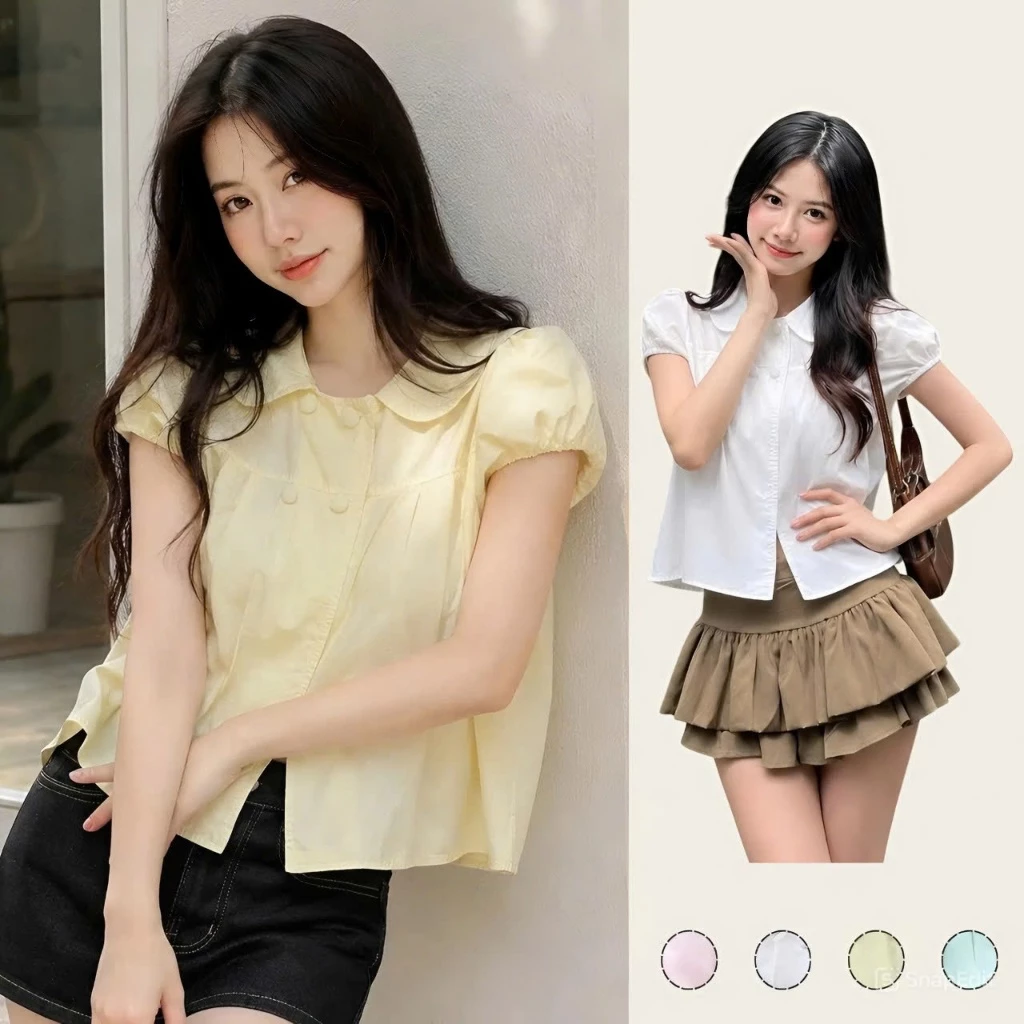 Áo babydoll 4 cúc tay bồng cổ sen, Áo kiểu babydoll dễ thương - BUN222