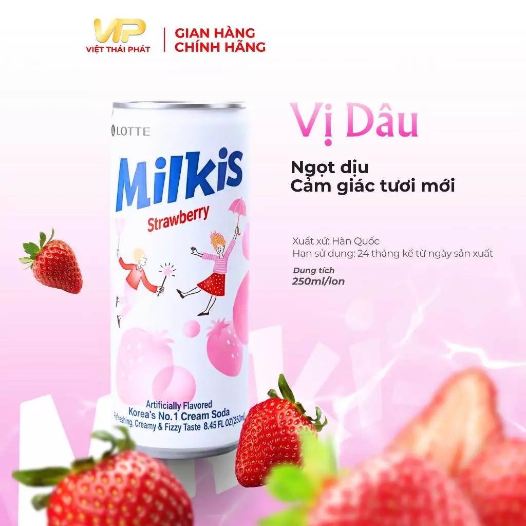 Nước Soda Sữa Milkis Vị Dâu | Việt Thái Phát - Thương Hiệu Hàn Quốc (250ml/lon)
