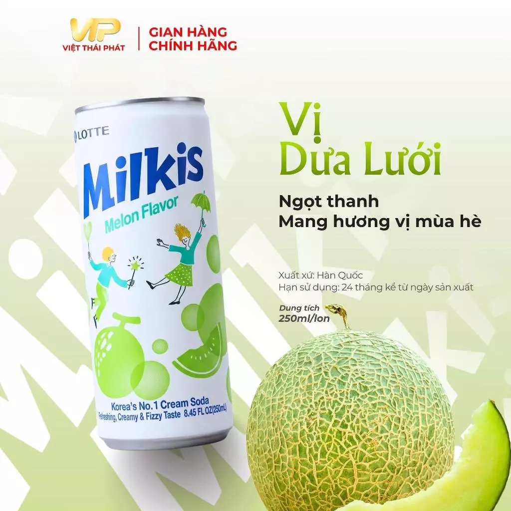 Nước Soda Sữa Milkis Vị Dưa Lưới | Việt Thái Phát - Thương Hiệu Hàn Quốc (250ml/lon)