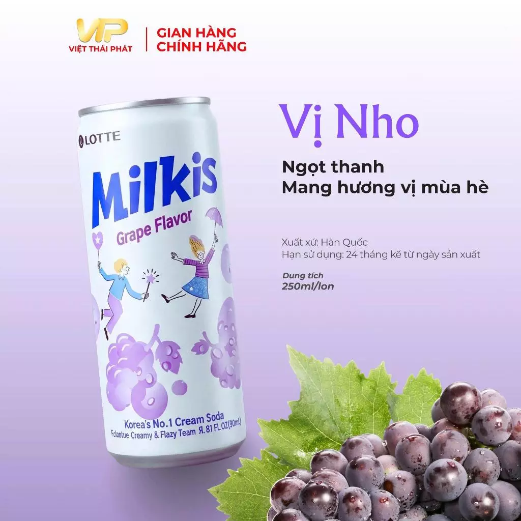 Nước Soda Sữa Milkis Vị Nho | Việt Thái Phát - Thương Hiệu Hàn Quốc (250ml/lon)