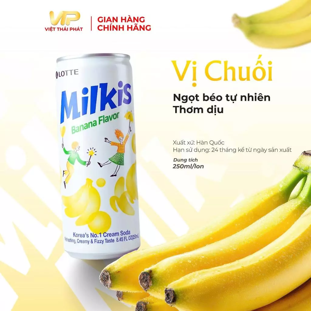 Nước Soda Sữa Milkis Vị Chuối  | Việt Thái Phát - Thương Hiệu Hàn Quốc (250ml/lon)