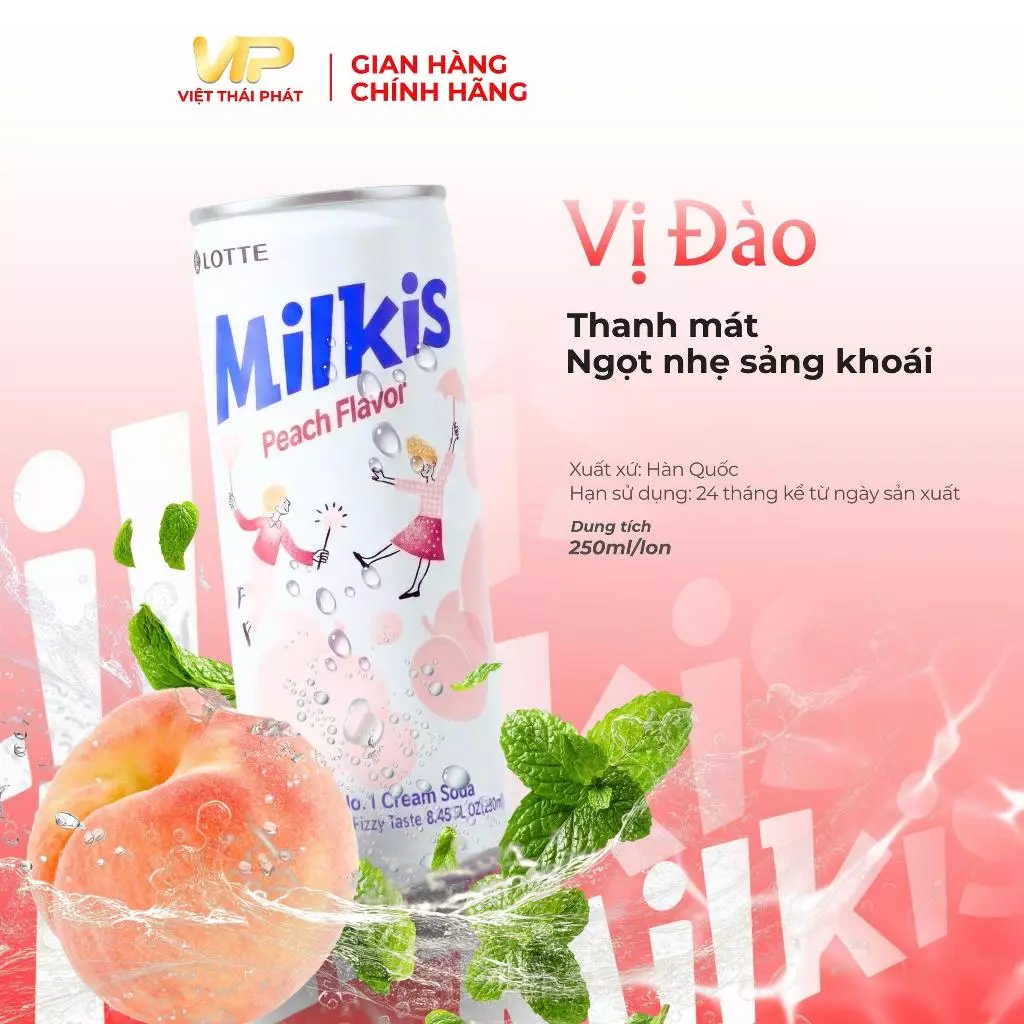 Nước Soda Sữa Milkis Vị Đào  | Việt Thái Phát - Thương Hiệu Hàn Quốc (250ml/lon)
