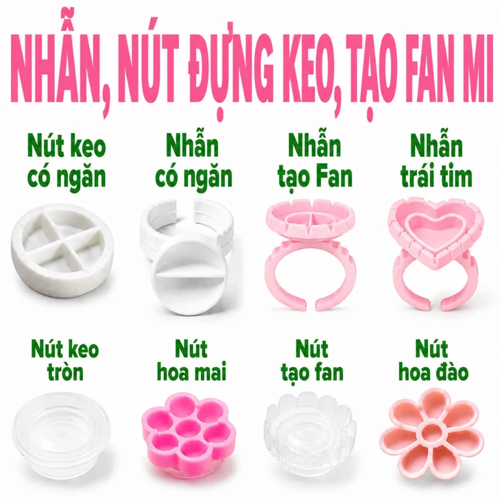 Tổng hợp các loại nút đựng keo nối mi, nút tạo fan mi volume, nhẫn đựng keo nối mi (Bịch 50g/100g)