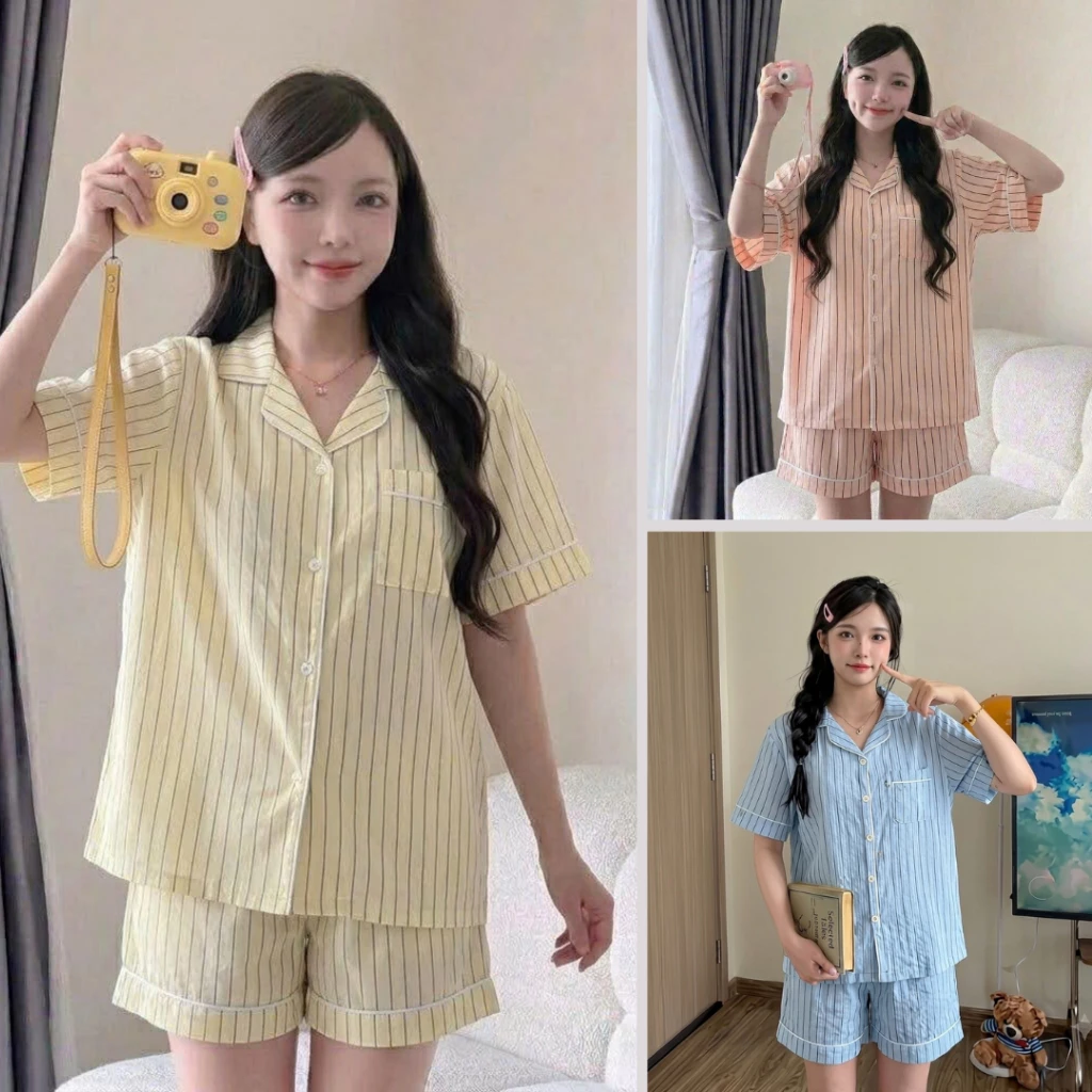 Bộ pijama họa tiết kẻ sọc dễ thương dáng suông thoải mái chất liệu mềm mại phù hợp xinh xắn SỌC70