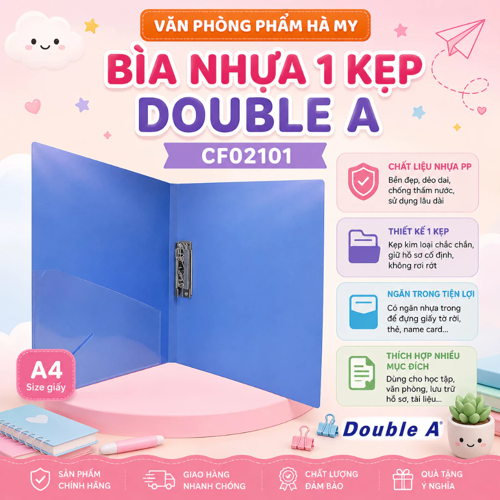 Bìa Nhựa 1 Kẹp Double A CF02101 - Xanh Dương Nhạt