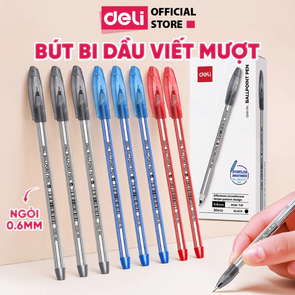 Combo 5/10/20 Bút Bi Dầu Deli Ngòi 0.6mm Bút Bi Nến Q560 EQ560 Mực Xanh Đen Đỏ Đậm Nét Viết Mượt