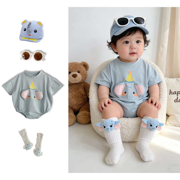 Bé mùa hè bông tay ngắn Romper thời trang voi xanh Mô hình phong cách Hàn Quốc Jumpsuit 0-24 M
