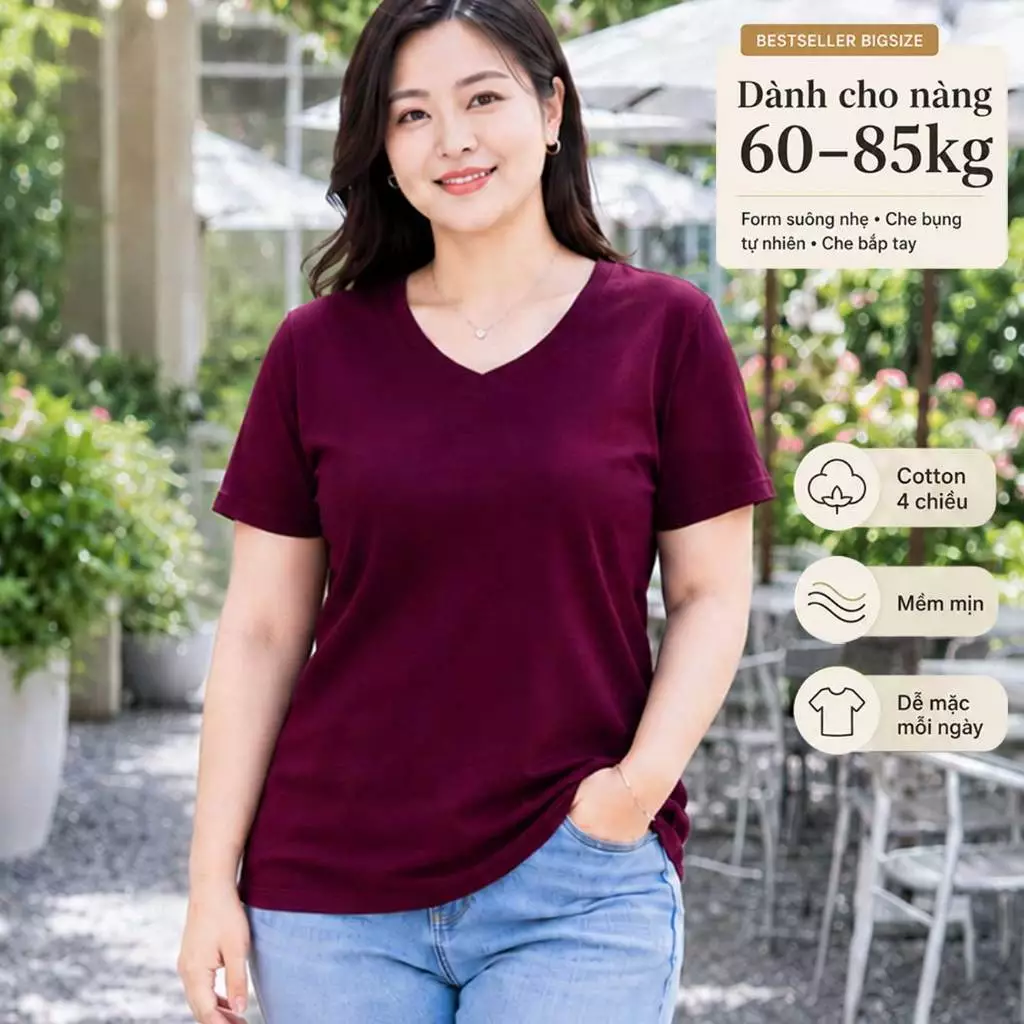 Áo thun nữ BIGSIZE cổ tim TOLI BSA24, Cotton 4 chiều co giãn, Form suông dễ mặc từ 59–85kg