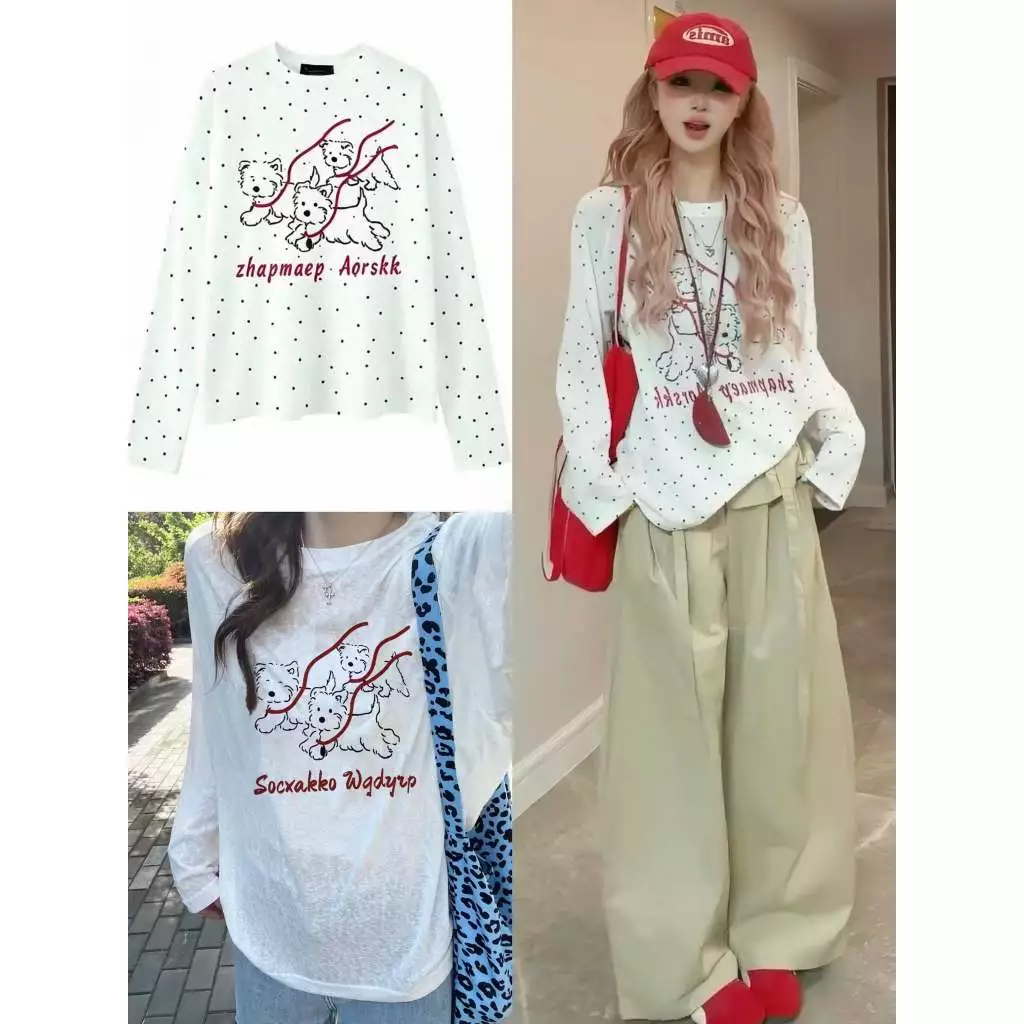 Áo Thun Nữ Dài Tay Form Rộng Cổ Tròn In Hình Cún Chất Mỏng Vừa Mặc Thu Đông Phong Cách Hàn Quốc Y2K