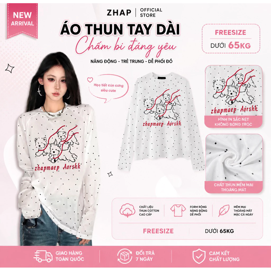 Áo thun  dài tay chấm bi zhapmaep aorskk  . Áo phông giấy mỏng dáng suông sexy