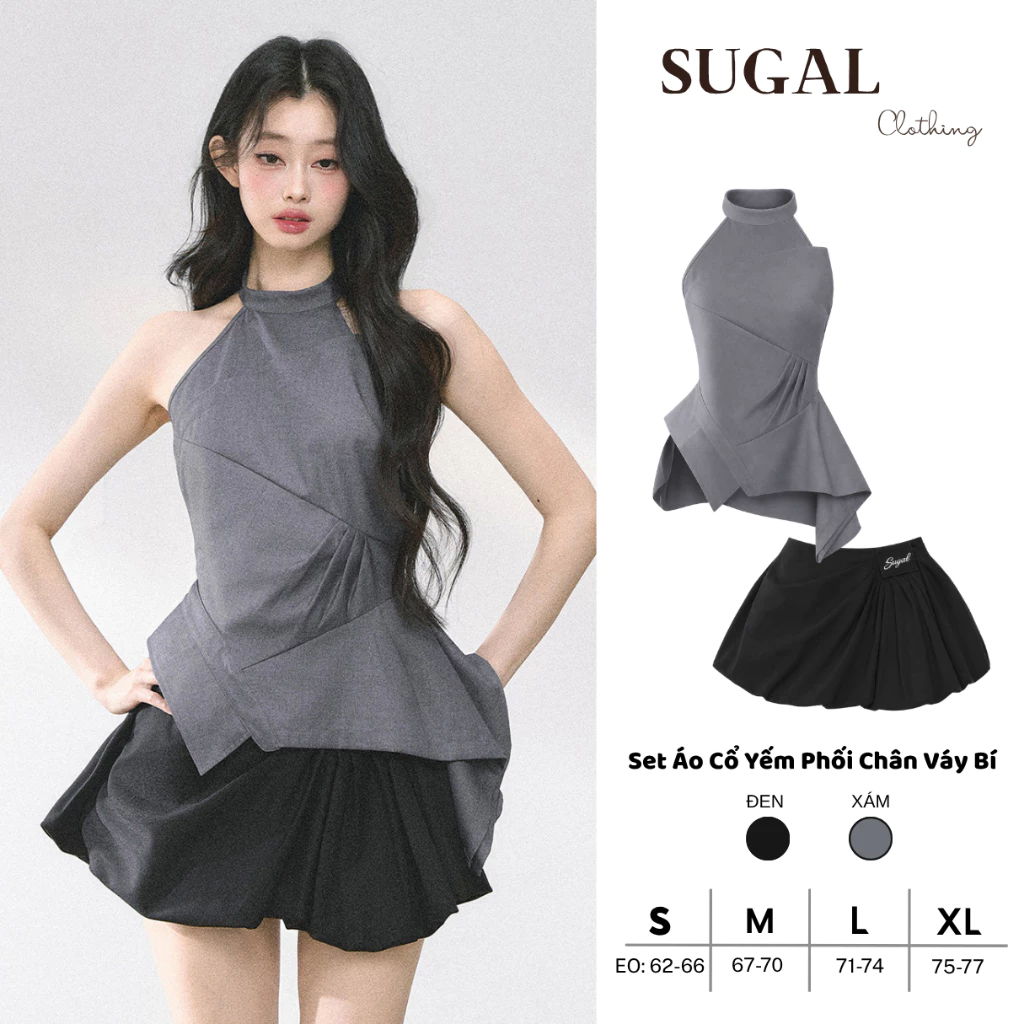 SUGAL - Set Áo Cổ Yếm Cách Điệu Tôn Eo Hack Dáng - Phối Cùng Chân Váy Bí Form Ngắn Xếp Ly Lệch | TOP NU 305 + CV NU 109
