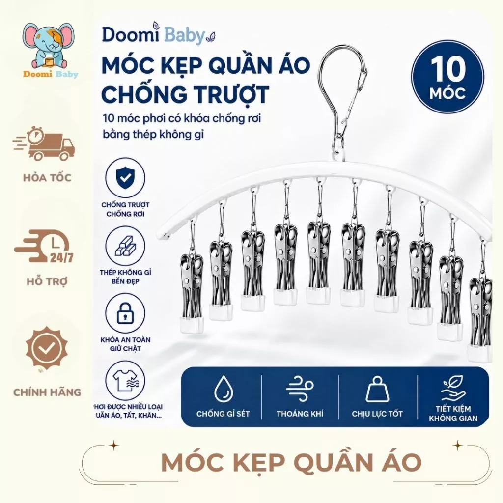 Móc Kẹp Quần Áo Chống Trượt , 10 Móc Phơi Có Khóa Chống Rơi Bằng Thép Không Gỉ - HT841 - Doomi Baby