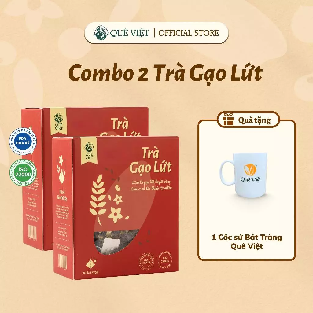 [KOL] Mua 2 hộp Trà gạo lứt Quê Việt 450g (30 túi x 15g) - Tặng 1 cốc sứ cao cấp 300ml