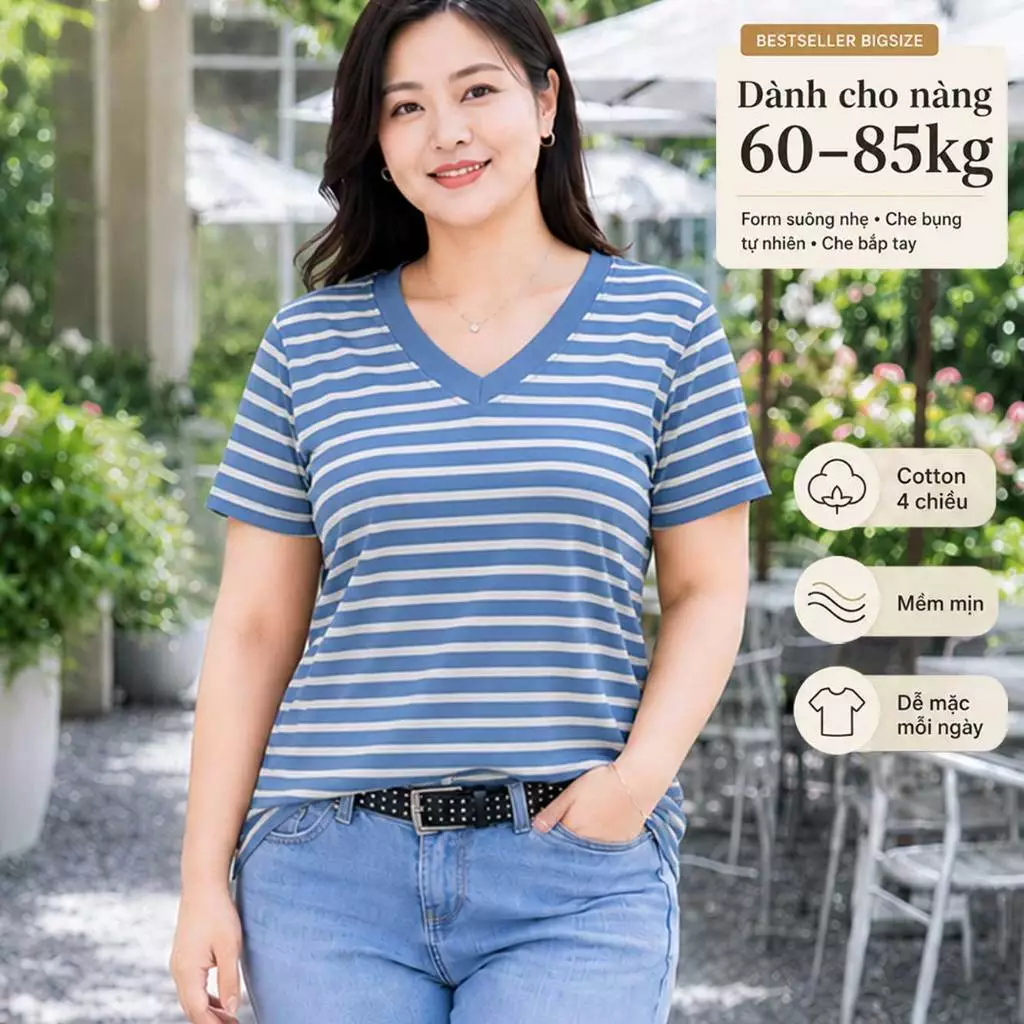 Áo thun nữ cổ V BIGSIZE sọc ngang BSV32 TOLI Cotton 4 chiều co giãn, Dáng suông dễ mặc từ 59–85kg