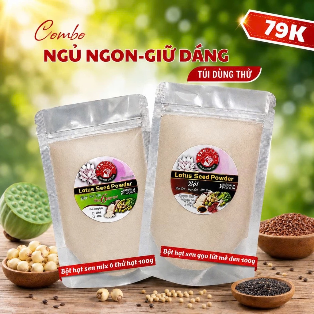 Combo Bột Hạt Sen Gạo Lứt Mè Đen, Hạt Sen Mix 6 Hỗ Trợ Ngủ Ngon - Giữ Dáng
