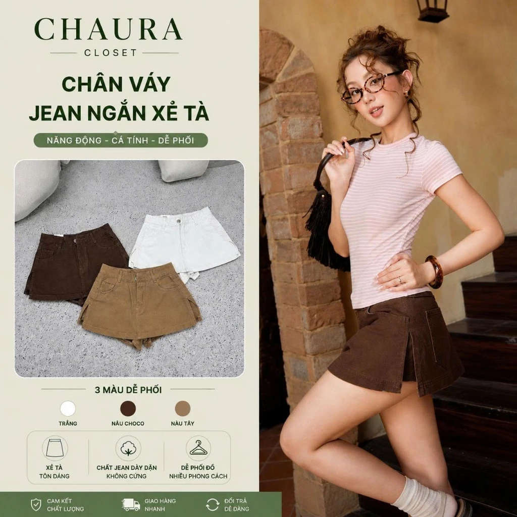 Chân váy Jean form ngắn dáng chữ A xẻ tà chất vải denim phong cách retro, Chân váy bò ngắn trẻ trung - Chaura Closet