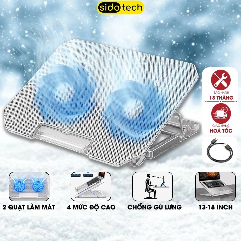 Đế tản nhiệt laptop SIDOTECH Q100 Trong Suốt giá đỡ làm mát quạt kép cooler chống ồn văn phòng gaming tùy chỉnh độ cao