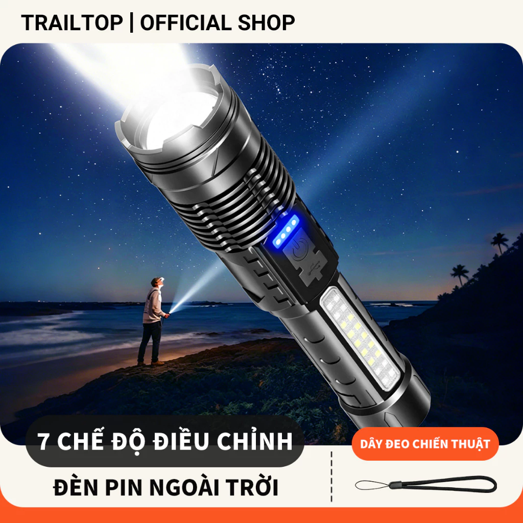 【COD】Trailtop Đèn pin cầm tay siêu sáng chiếu xa 500m có Zoom, Đèn cầm tay Chip XHP50, pin trâu, chông thấm nước IP65
