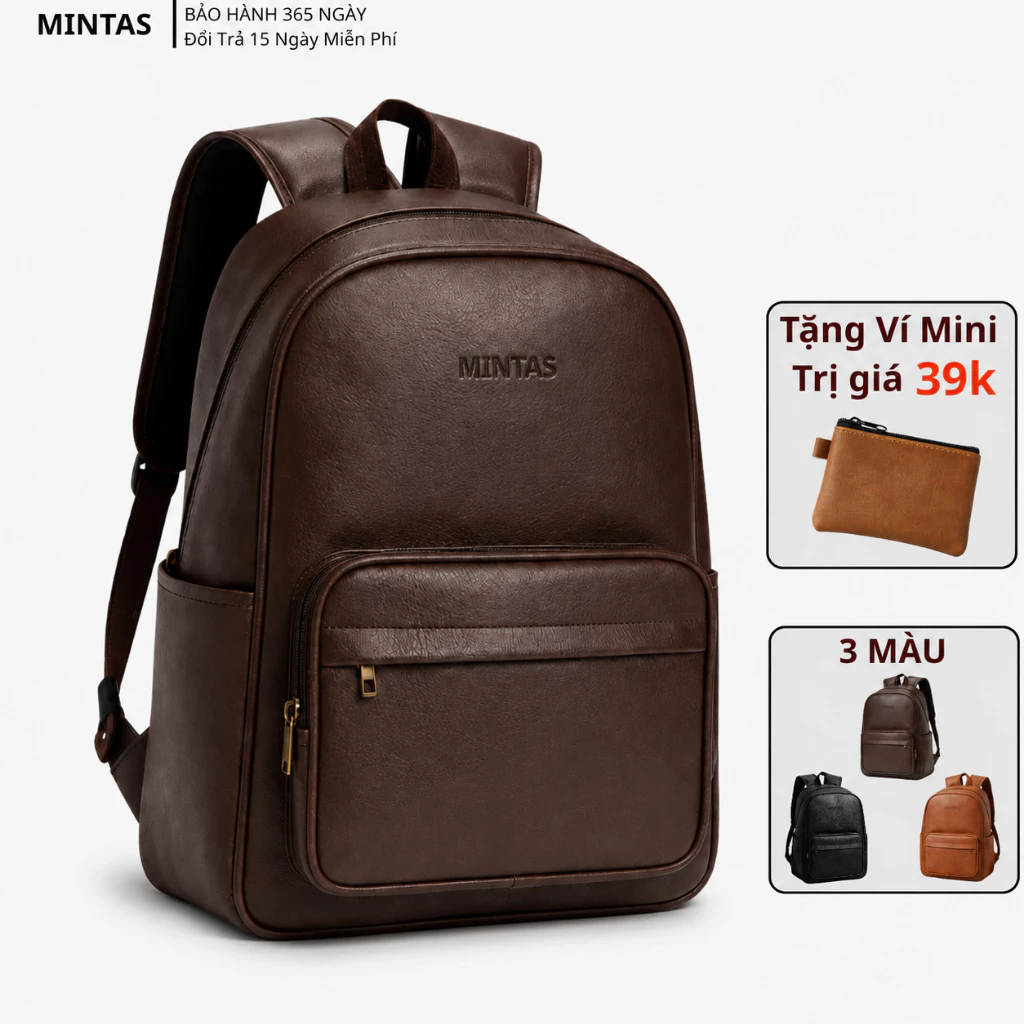 Balo Da MINTAS Cao Cấp Unisex Form Đẹp Đựng Laptop 15.6 Inch Chống Sốc