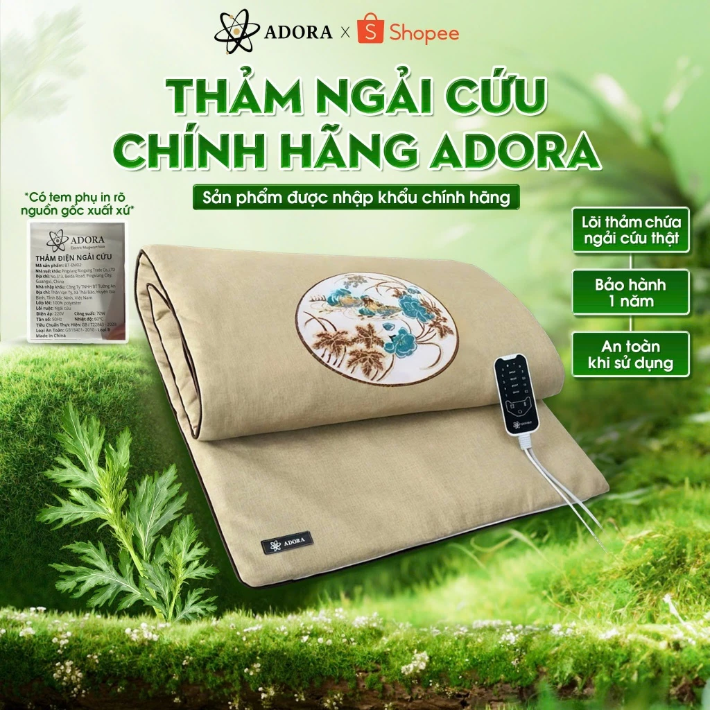 Thảm Ngải Cứu Đông Y ADORA Chính Hãng | Chườm Nóng, Sưởi Ấm, Hỗ Trợ Đau Nhức Xương Khớp, Mỏi Vai Gáy, Đệm Sưởi 60x1m5