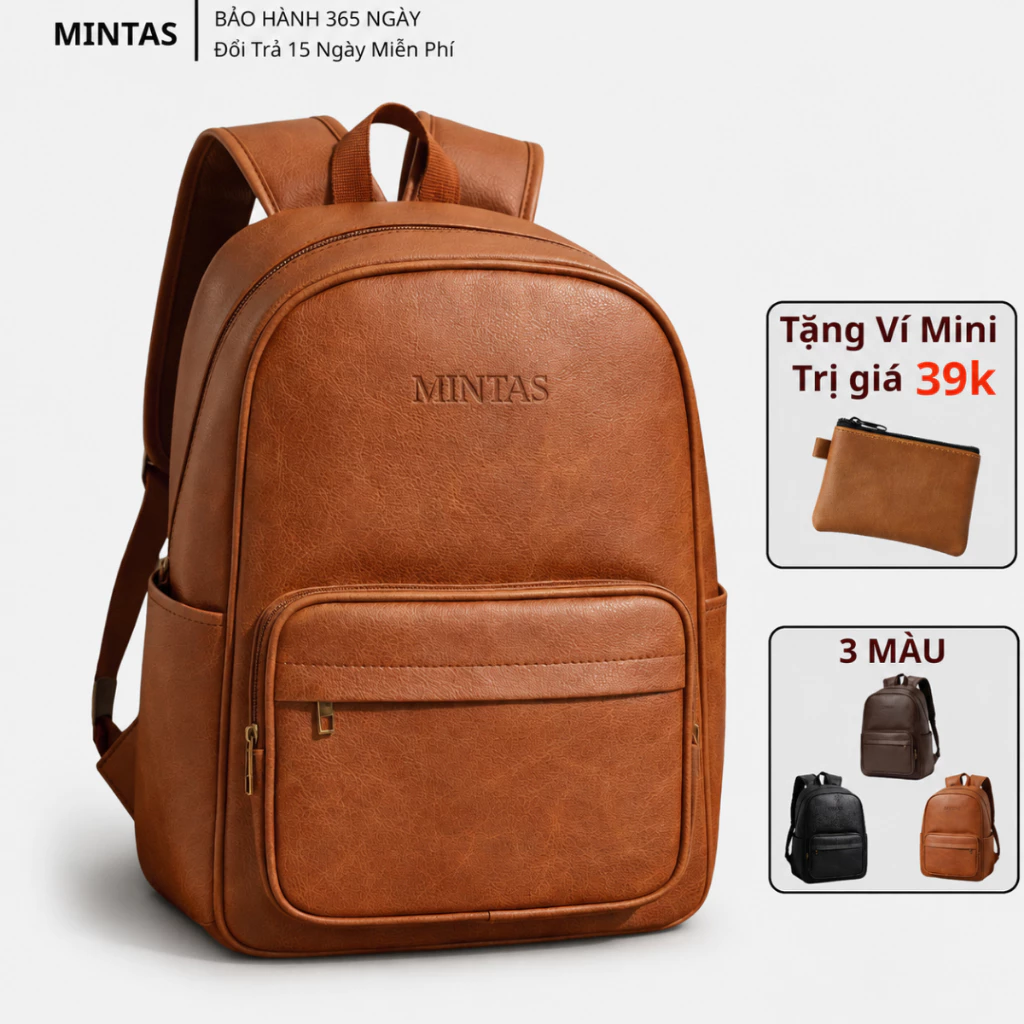 Balo Da MINTAS Cao Cấp Chống Nước Đựng Laptop 15.6 Inch Nhiều Ngăn Form Đứng