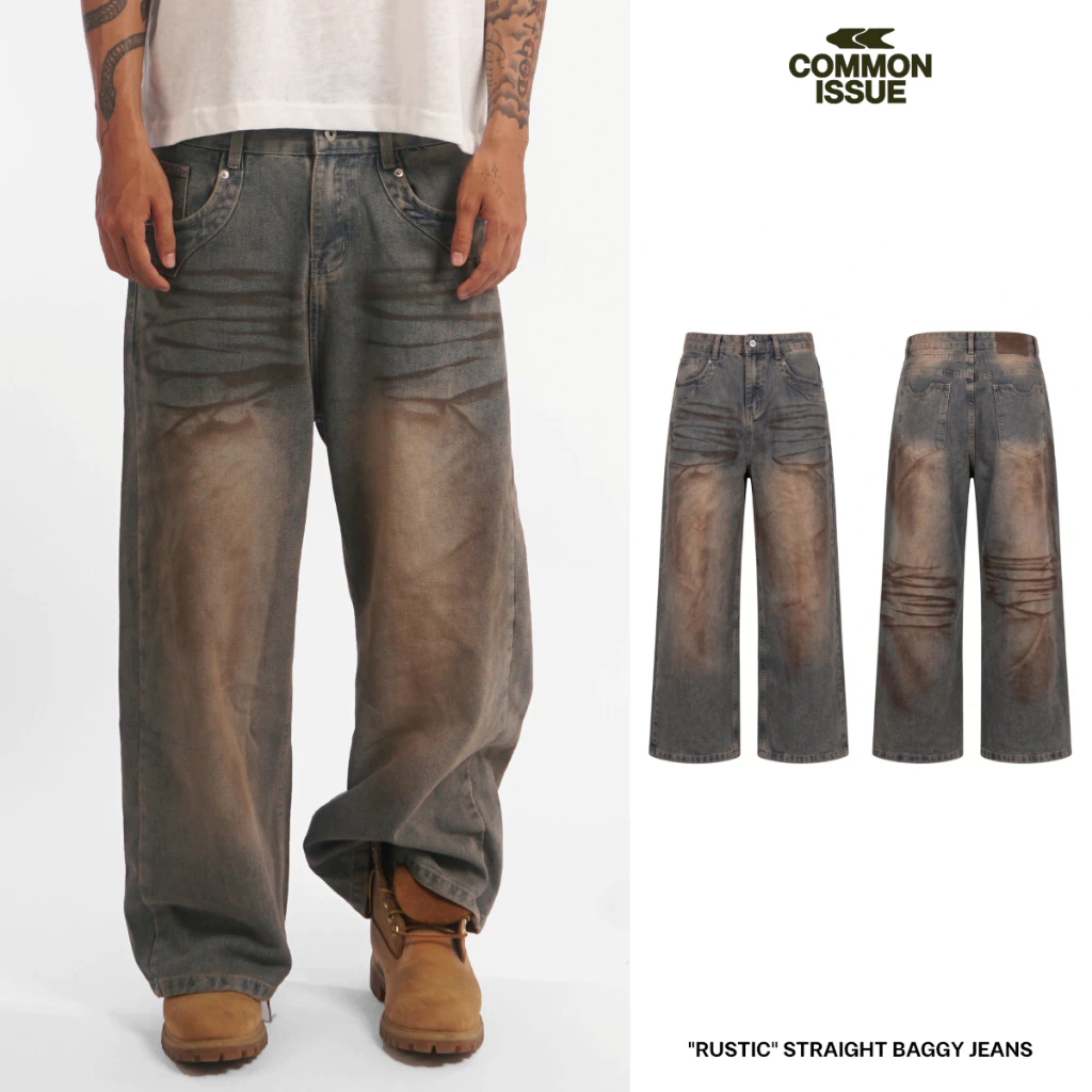 Quần Jeans Wash Nâu Dài Unisex Form Baggy Straight "RUSTIC” Premium Denim Nam Nữ| Common Issue