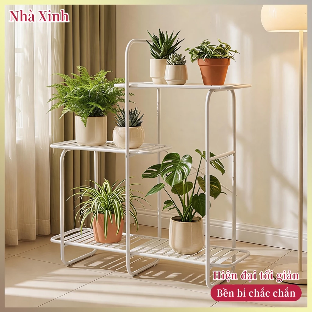 Giá hoa tầng cao thấp xen kẽ phong cách INS thép sơn nướng chống gỉ nước chịu lực tốt tiết kiệm diện tích phòng khách