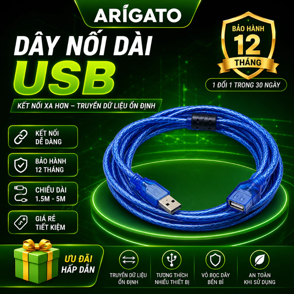 Cáp Nối Dài USB 2.0 Màu Xanh 1.5M 3M 5M Tốc Độ Cao Dùng Cho Chuột, Bàn Phím, Máy In