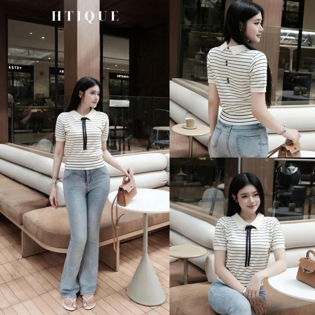 HTIQUE - deal mở bán Áo len dệt kim kẻ ngang phối nơ thanh lịch, Áo polo len nữ thanh lịch công sở hàng ngày LN05
