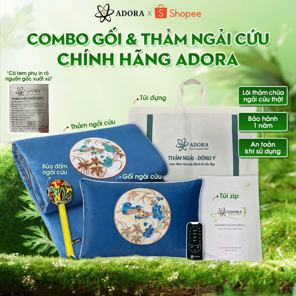 [Tặng Thêm 1 Búa Đấm Ngải Cứu] Combo Gối & Thảm Ngải Cứu Đông Y ADORA Chính Hãng | Đệm Sưởi Ngải Cứu Đông Y Mùa Đông